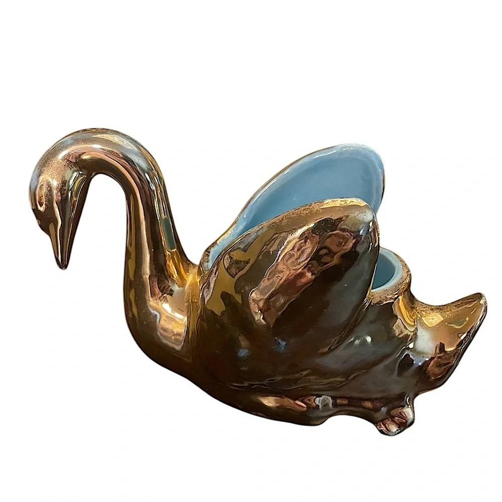 1950s Vintage Gold & Aqua Swan Jewelry Holder Planter Vase MCM Retro